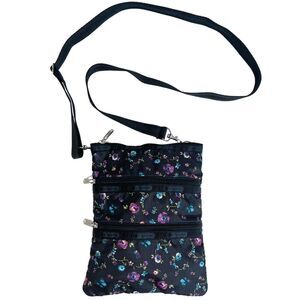 LeSportSac Black Purple and Blue Flowers Nylon Crossbody Bag Purse